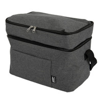 A grey cooler bag with a zippered top and a front pocket, featuring a logo.