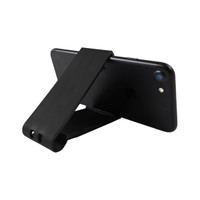 A black phone stand designed to hold a smartphone upright, featuring a simple, foldable design.