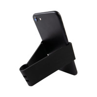 A black Grip Clip Phone Stand holds a smartphone in an upright position, featuring a sleek, minimalist design.