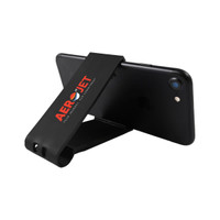 A Grip Clip Phone Stand designed to hold a smartphone upright, featuring a sleek black design with the logo "AERQUET."