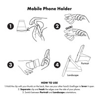 A graphic illustrating the use of a Grip Clip Phone Stand, featuring simple line drawings in black and white.