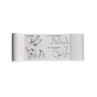 A phone stand in grey with foldable design instructions for landscape and portrait modes. Includes a logo.