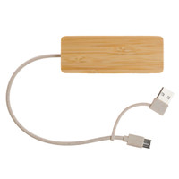 A bamboo USB hub with a white cable, featuring a built-in USB connector and a micro USB connector.