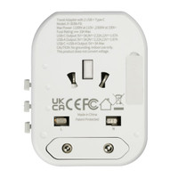 A white travel adapter with two USB ports, a Type-C port, and a UK plug design. It features electrical specifications on the body.