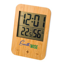 A digital weather station featuring a bamboo frame, displaying the current time, temperature, and humidity levels.