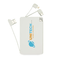 A 10,000mAh power bank with three built-in charging cables and the branding "UNITECH GLOBAL SOLUTIONS."