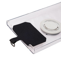 A clear phone lanyard with a black fabric loop, featuring a circular magnetic attachment.