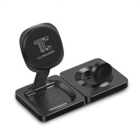 A black wireless charger with a stand and a circular pad, featuring a logo on the stand.
