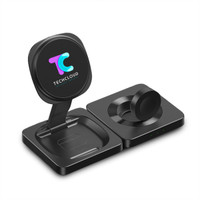 A black Tri Power Charger featuring a wireless charging pad and stand, with a logo on the stand.