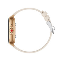 A Flight Smart Watch featuring a gold casing and a light beige strap, with a prominent red button on the side.