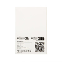 A white product label featuring technical specifications and a QR code, with various icons and branding present.