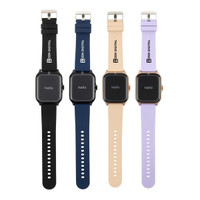 Four smartwatches in black, navy, beige, and lavender with square faces and adjustable straps, featuring a logo.