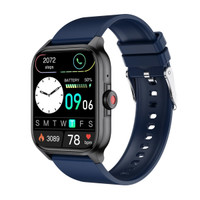 A black smart watch with a blue strap displaying time, steps, battery status, and heart rate. Features a logo.