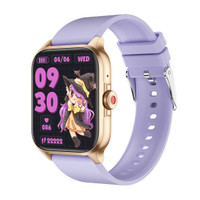 A gold smartwatch with a purple band, featuring a colorful animated witch on the display.