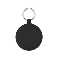 A circular black keyring with a metal clip, featuring a textured design on the edge.