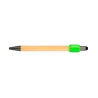 A bamboo pen with a black tip and a bright green ergonomic grip, featuring a logo.
