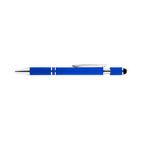 A blue pen with a silver clip and detailing, featuring a textured grip and a stylus tip. It has a logo.