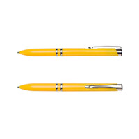 A bright yellow pen with chrome accents and a clip, featuring a streamlined design and a logo.