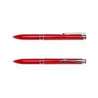 A red plastic pen featuring a polished finish and silver accents, with a clip for easy attachment.