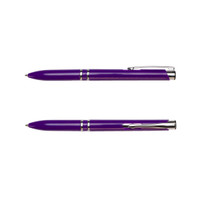 A purple pen with a shiny finish, featuring silver accents and a clip, showcasing a sleek design.