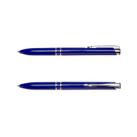 A blue recycled ABS pen featuring a sleek design and silver accents, with a branded logo.