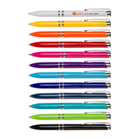 A collection of multicoloured pens in various shades, featuring a silver trim and branding on some.