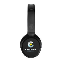 A pair of black wireless headphones featuring a logo on the earcup and a smooth headband design.