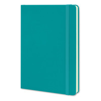 A large turquoise hard cover notebook with an elastic band and cream-coloured pages.