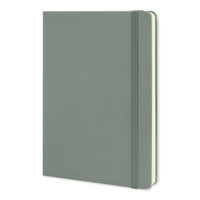 A large, hard cover notebook in a muted green colour, featuring an elastic closure and a simple design.