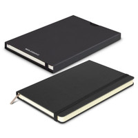 A large black Moleskine Classic hard cover notebook with a ribbon bookmark and an elastic closure. Includes a branded cover.