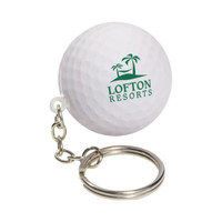 A white golf ball stress reliever attached to a silver keyring, featuring a logo.