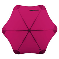 A fuchsia umbrella with a unique star shape and a central button, featuring a black logo.