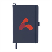 A navy blue leather-bound journal with an abstract coloured logo on the front and an elastic closure.