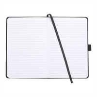 A black pineapple leather bound journal with lined pages and a ribbon bookmark.