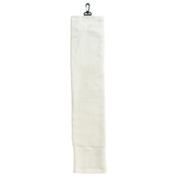 A white golf towel with a hanging clip. The towel is neatly folded and features a plain design.