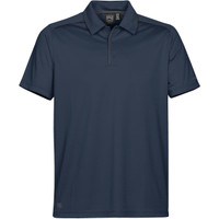 A navy blue men's polo shirt with a collar and short sleeves, featuring a logo on the front.