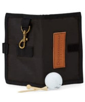 A black golfer's scorecard holder featuring a clip, a tee, and a white golf ball. It has a branding logo.