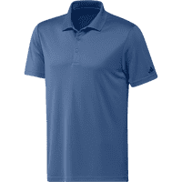 A blue Adidas men's recycled performance polo shirt featuring a collar and a logo on the sleeve.
