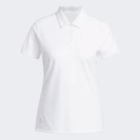 A white ladies' polo shirt with a collar, short sleeves, and a logo on the lower hem.