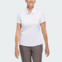 A white polo shirt for women, featuring a collar and short sleeves, with a logo on the chest.