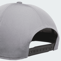 A grey Adidas performance golf cap featuring a black adjustable strap at the back and a branded logo.