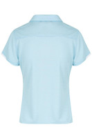 Light blue polo shirt with short sleeves and a collar, featuring a logo on the back.