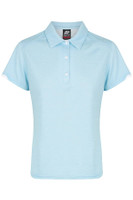 A light blue women's polo shirt with a collar and short sleeves, featuring a branded label.