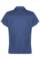 A blue polo shirt with a collar and short sleeves, featuring a simple design and a logo.