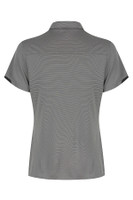A grey polo shirt with a collar and short sleeves, featuring a logo on the back.