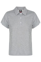 A grey polo shirt with short sleeves and a collar, featuring a branding logo.