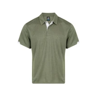 An olive green men's polo shirt with a collar and short sleeves, featuring contrasting white accents.