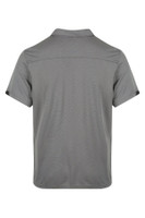 A grey polo shirt with a collar and short sleeves, featuring striped detailing and a logo.