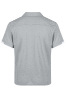 A grey polo shirt featuring a collar and short sleeves, with a logo present on the design.