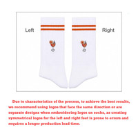 Crew Premium Digital Printed Socks in white with orange stripes and a decorative drink logo, featuring left and right designs.